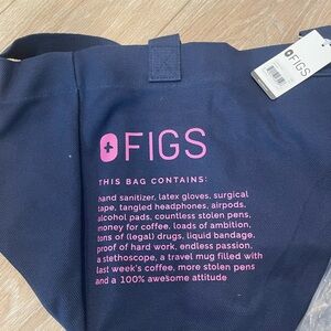 FIGS Dark Blue Tote with Pink Text